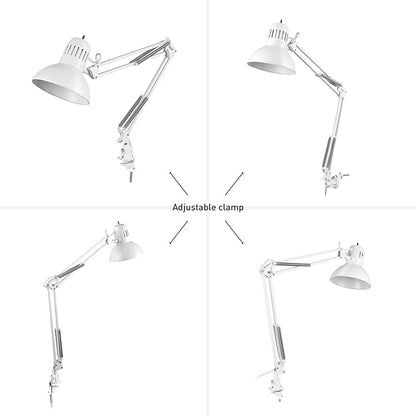 Globe Electric 52847 31.5" Swing Arm Clamp-On Desk Lamp, Glossy White, Nickel Accents, On/Off Rotary Switch, Partially Adjustable Swing Arm, Reading Light, Home Essentials, Office Décor