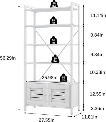 Storage Cabinet with 4 Open Shelves,1 Cupboard,White Bathroom Display Standing Shelf, White Wooden and Metal Frame Shelf for Living Room, Bathroom Bedroom, Home Office Organizer