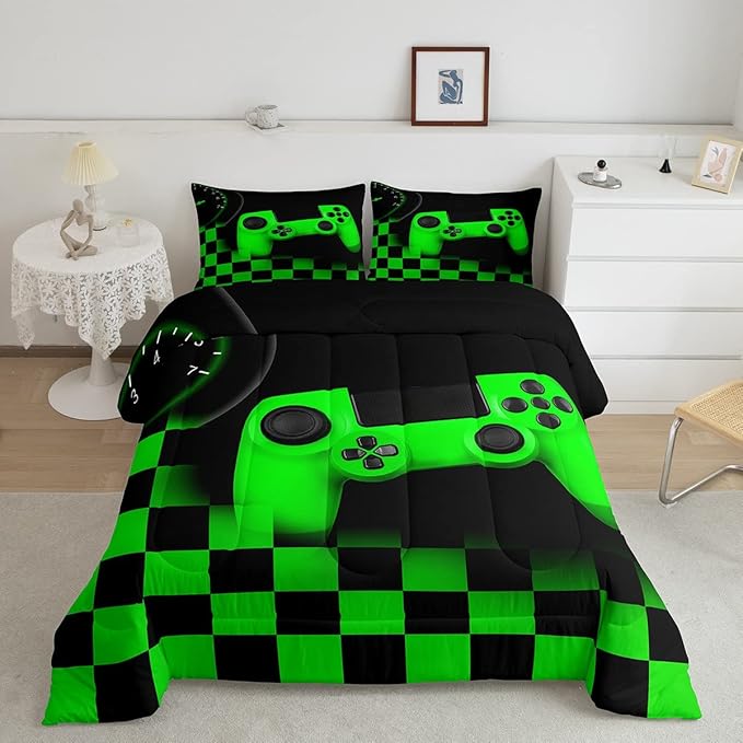 Gaming Comforter for Teen Boys Game Room Decor Bedding Set Kid Girls Gamepad Duvet Insert for All Season Gamer Home Decor Down Comforter Set with Black Green Buffalo Check Plaid Twin Size,1 Pillowcase