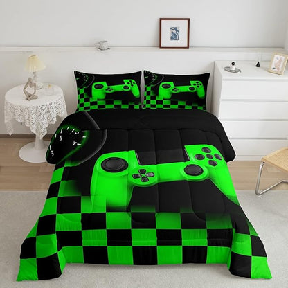 Erosebridal Gaming Comforter for Teen Boys Kids Girls,Gamepad Duvet Insert for Gamer Home Decor,Black Green Teens Gamer Bedding Set King,Buffalo Check Plaid Down Comforter Set with 2 Pillowcases