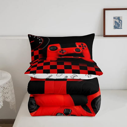 Gamer Comforter Set for Boys Teen Gaming Bedding Set Video Game Controller Home Decor for Men Child Buffalo Plaid Check Down Comforter Full Size 3 Pcs Duvet Set with 2 Pillow Shams,Black Red Geometric