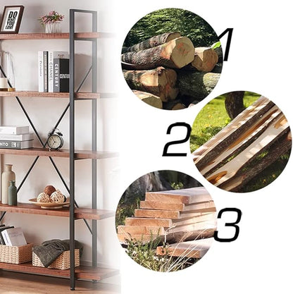 HSH Natural Real Wood Bookcase, 5 Tier Industrial Rustic Vintage Etagere Bookshelf, Open Metal Farmhouse Solid Wooden Book Shelf, Distressed Brown