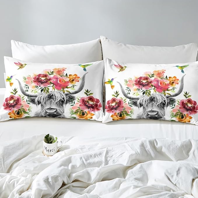 Erosebridal Highland Cow Floral Comforter Set Twin Size Bull Cattle Flower Bedding Set Wildlife Farmhouse Cow Quilt Hummingbird Duvet Insert Soft All Season White Down Comforter with 1 Pillowcase