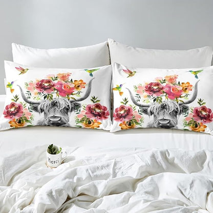 Erosebridal Highland Cow Floral Comforter Set Queen Size Bull Cattle Flower Bedding Set Wildlife Farmhouse Cow Quilt Hummingbird Duvet Insert Soft All Season White Down Comforter with 2 Pillowcases