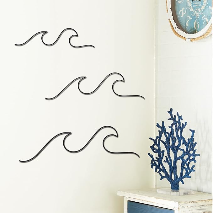 Qmetalart Wave Wall Decor Black Metal Wire Wall Art Ocean Coastal Sea Beach Pictures Surf Nursery Themed Hanging for Home Living Room Sum-mer Seaside Decoration for Bedroom Bathroom