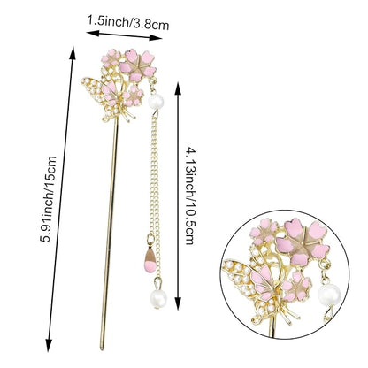 6Pcs Chinese Hair Sticks Set Pink Chinese Hair Sticks with Pearl, Butterfly & Flower Design, Japanese Hair Pin, Traditional Asian Hairpins for Bun Updo