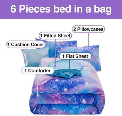 Btargot Lightweight Microfiber 6 Piece Comforter Set, Tie Dye Galaxy Constellation Pattern Bedding Set for Boys Girls Teen, Queen Blue Purple