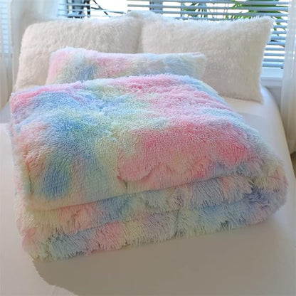Faux Fur Kids Girls Sunshine Rainbow Comforter Sets Twin/Full - 3PC Bed Set Warm Comfortable Soft Plush Flannel Velvet Fluffy Fuzzy Bedding（Comforter x 1 Pillowcases x 2）