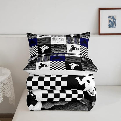 Dirt Bike Comforter Set, Motocross Rider Bedding Comforter Sets Full, Motorcycle Grunge Down Comforter For Kids Boys Adult Men, Motorbike Extreme Sport Game Comforter, Buffalo Plaid, Blue Grey Black