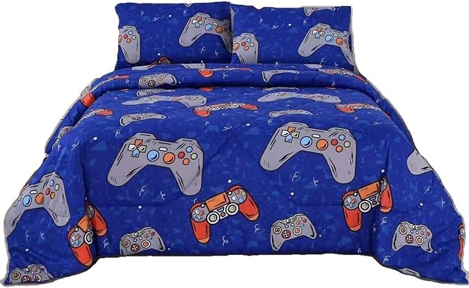 3PCS Blue Gamer Comforter Set Full for Boys Girls Teens and Kids, Soft Microfiber Gaming Bed Comforter Full, Bed in a Bag Full Cute Bedding, Lightweight and Breathable, Full