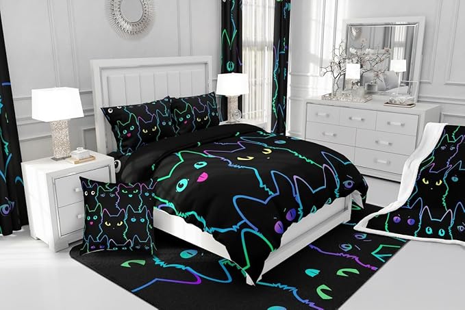 Erosebridal Kids Queen Comforter Set Cartoon Cat Comforter Cute Cats Bedding Set for Teen Boys Girls Kawaii Animal Quilt Set 2 Pillow Cases,Soft Lightweight for All Season,Reversible Black