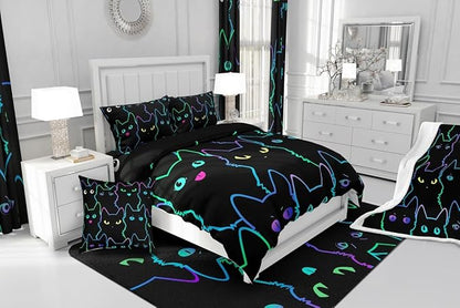 Erosebridal Teen Girl Bedding Full Size Cute Cat Kids Comforter Set Rainbow Line Cats Bedding Sets for Girls Boys Cartoon Kawaii Animal Quilt Set Reversible Black All Season,2 Pillow Cases