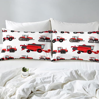 Erosebridal Red Tractor Comforter Set Heavy Equipment Truck Bedding Set for Kids Boys Girls Harvester Tractor Duvet Set Twin Size Farm Equipment Quilt Set Bedroom Collection 2Pcs Room Decor