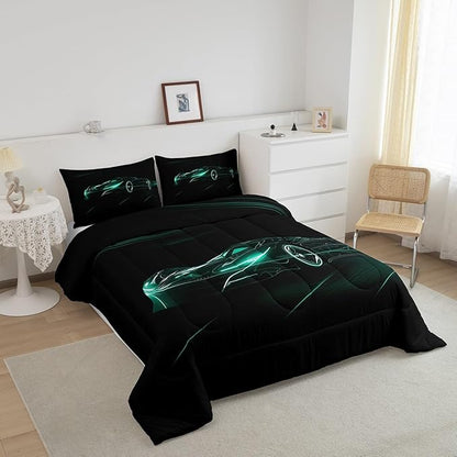 Feelyou Teal Race Car Bedding Set Twin Size for Kids Boys Extreme Sport Games Comforter Set Teens Toddler Fast and Furious Duvet Set Cool Modern Quilt Set 2Pcs