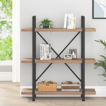 HSH Industrial 3 Tier Book Shelf, Modern Small Wood and Metal 3 Shelf Bookcase Etagere, Farmhouse Open Low 3 Tier Bookshelf and Display Storage Shelves for Bedroom Living Room Office, Rustic Oak