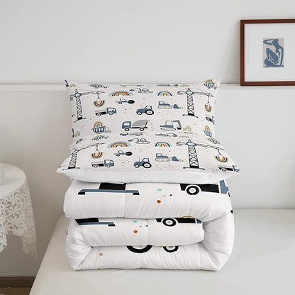 Toddler Cute Cars Bedding Set Cartoon Excavator Kids Comforter Set Boys Construction Vehicles Comforter Equipment Trucks Duvet Set Rainbow Room Decor Tractor Quilt Set Twin Size With 1 Pillow Case