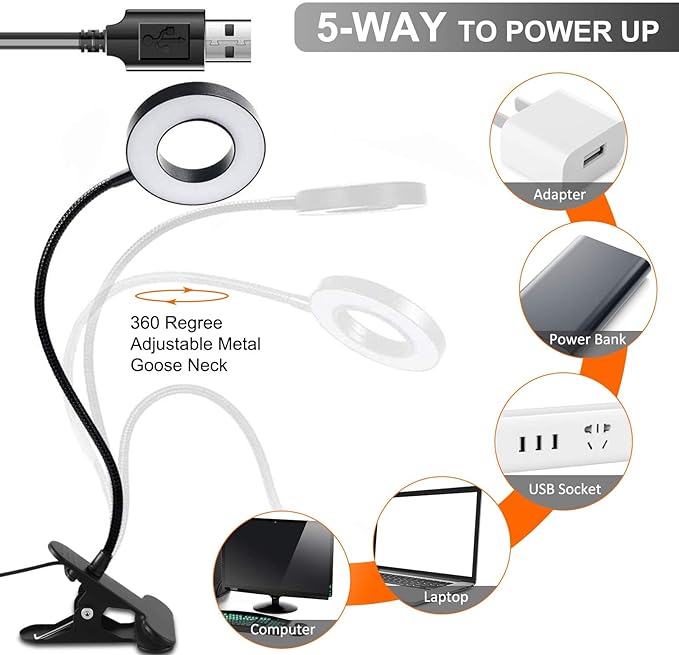 Clip on Light Reading Lights, 48 LED USB Desk Lamp with 3 Color Modes 10 Brightness, Eye Protection Book Clamp Light, 360 ° Flexible Gooseneck Clamp Lamp for Desk Headboard Video Conferencing