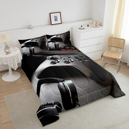 Gaming Bedding Set Boys Game Controller Comforter for Kids Girls Teens Modern Gamer Headset Comforter Set Youth Gaming Console Video Game Decor Duvet Set with 2 Pillow Case Full Size Black