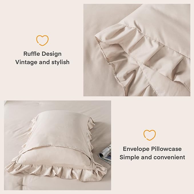 Andency Khaki Queen Comforter Set, 3 Pieces Farmhouse Shabby Chic Bedding Set for Queen Bed, All Season Soft Lightweight Microfiber Bed Set for Men Women