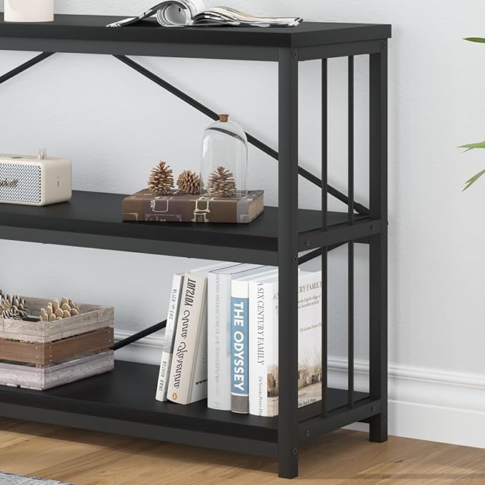 IBF 63" Black Low Horizontal Bookcase, Modern Long Wood Metal 3 Tier Book Shelf, Farmhouse Vintage Big open sturdy Bookshelf, Simple Large Wide Etagere for home living room office bedroom, Black Oak