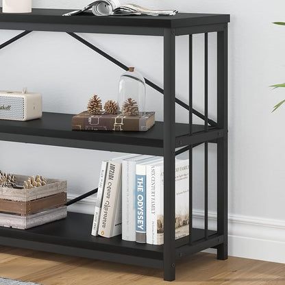 IBF 63" Black Low Horizontal Bookcase, Modern Long Wood Metal 3 Tier Book Shelf, Farmhouse Vintage Big open sturdy Bookshelf, Simple Large Wide Etagere for home living room office bedroom, Black Oak
