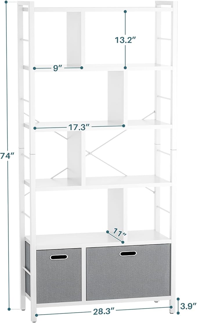 armocity 74 Inch Tall Bookshelf, 6 Tier Bookcase with Drawers, Modern Book Shelf Display Standing Shelf Units with Storage, Wood and Metal Bookshelves for Living Room, Bedroom, Home Office, White
