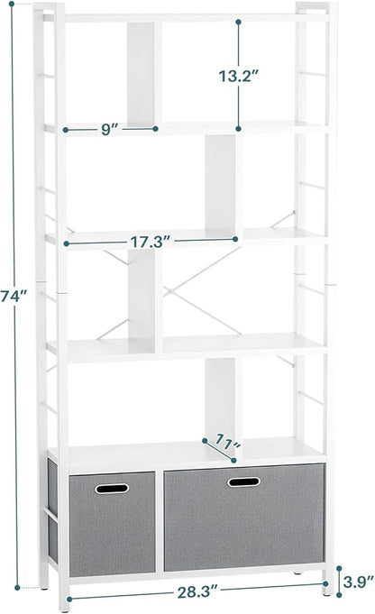 armocity 74 Inch Tall Bookshelf, 6 Tier Bookcase with Drawers, Modern Book Shelf Display Standing Shelf Units with Storage, Wood and Metal Bookshelves for Living Room, Bedroom, Home Office, White