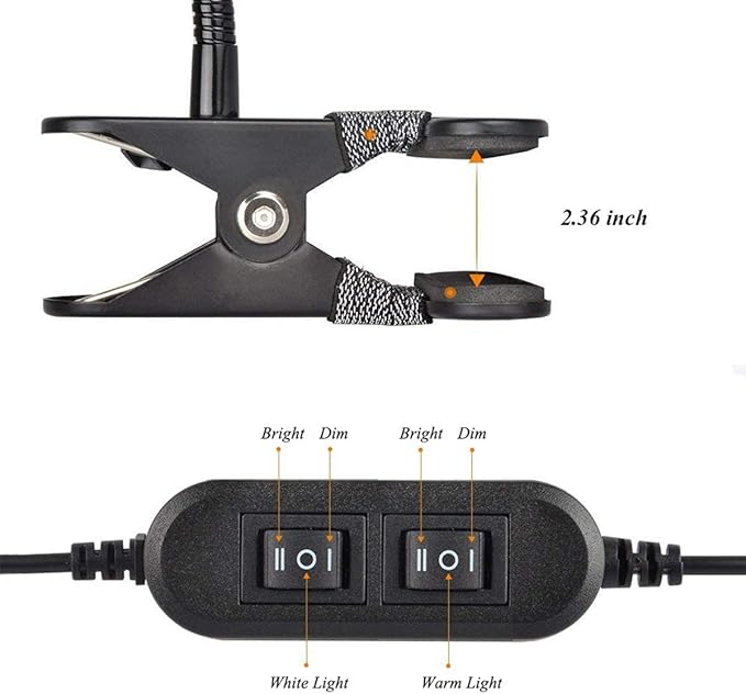 7W Clip on Light, LED Clip On Lamp, USB Reading Book Light, Bed Lamp,Desk lamp, Warm Light and White Light