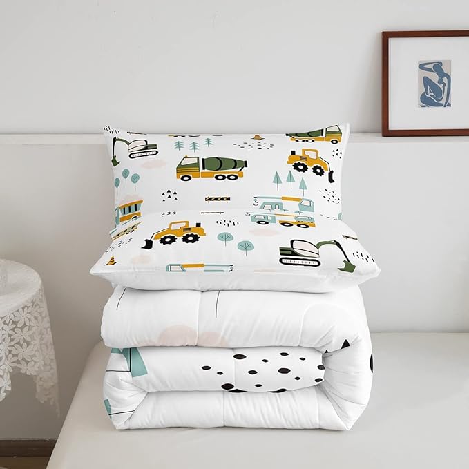Feelyou Excavator Kids Comforter Construction Trucks Comforter Set for Boys Teens Heavy Vehicles Decor Bedding Set Cartoon Cars Green Orange Quilt Set with 2 Pillowcases 3Pcs Bedding King