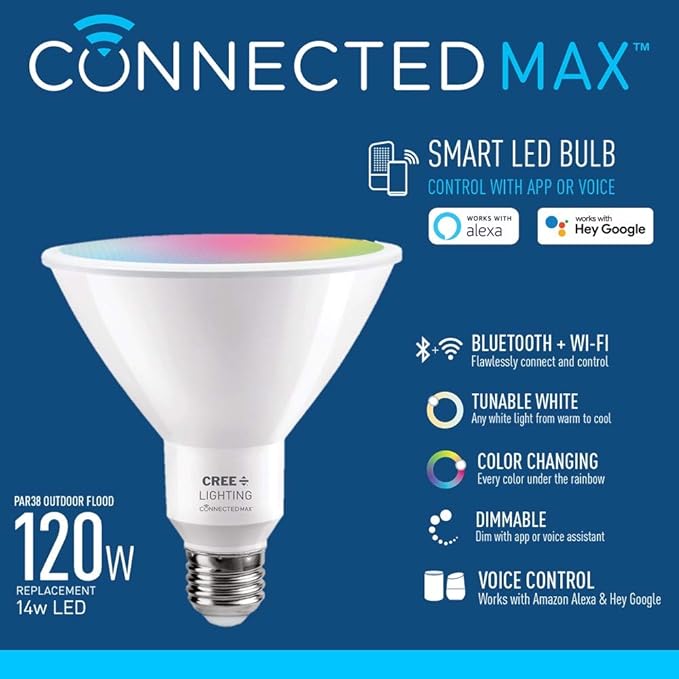 Cree Lighting Connected Max Smart Led Bulb Par38 Outdoor Flood Tunable White + Color Changing, 2.4 Ghz, Compatible with Alexa and Google Home, No Hub Required, Bluetooth + WiFi, Pack of 4