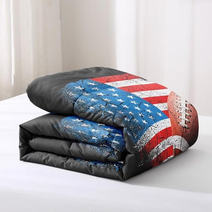 American Football Comforter Set for Boys Teens,Kids Sports Bedding Set Queen Size,USA Flag Football Printed Bedroom Sets with 2 Matching Pillow Shams