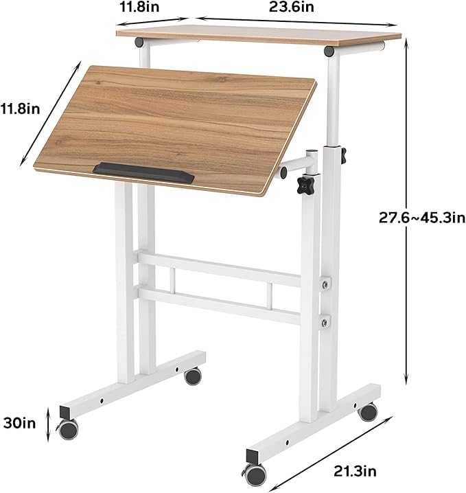 DlandHome Mobile Standing Desk Stand Up Desk Rolling Desk, Stand Sit Desk Mobile Computer Desk Adjustable Standing Desk 23.6inches Table Workstation Mobile Desk Cart Tray Oak