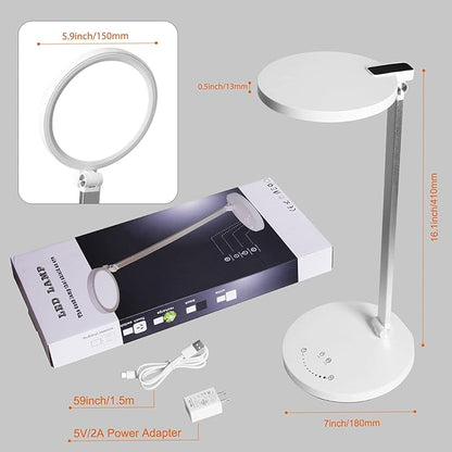 LED Desk Lamp, Aluminum Table Lamp, Dimmable Eye-Caring Table Lamp with 5 Lighting Models with 5 Brightness Levels, Touch Control and Memory Function, USB Charging Port, 8W, White……