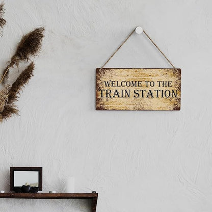 SENJIAN Rustic Train Station Wood Decor Sign, Retro Welcome to the Train Station Printed Wood Sign Wall Art, Hanging Door Sign, Decorative Wood Sign Home Decor 12" x 6"