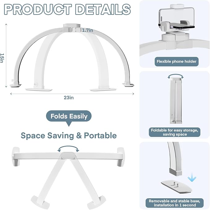 MYSWEETY Foldable Half Moon Nail Desk Lamp, 23 Inch Lash Light Led Nail Tech Lamp for Desk, Half Moon Light with Phone Holder, Estheticians Table Lamp for Tattoo, Lash Eyelash Extension, Beauty
