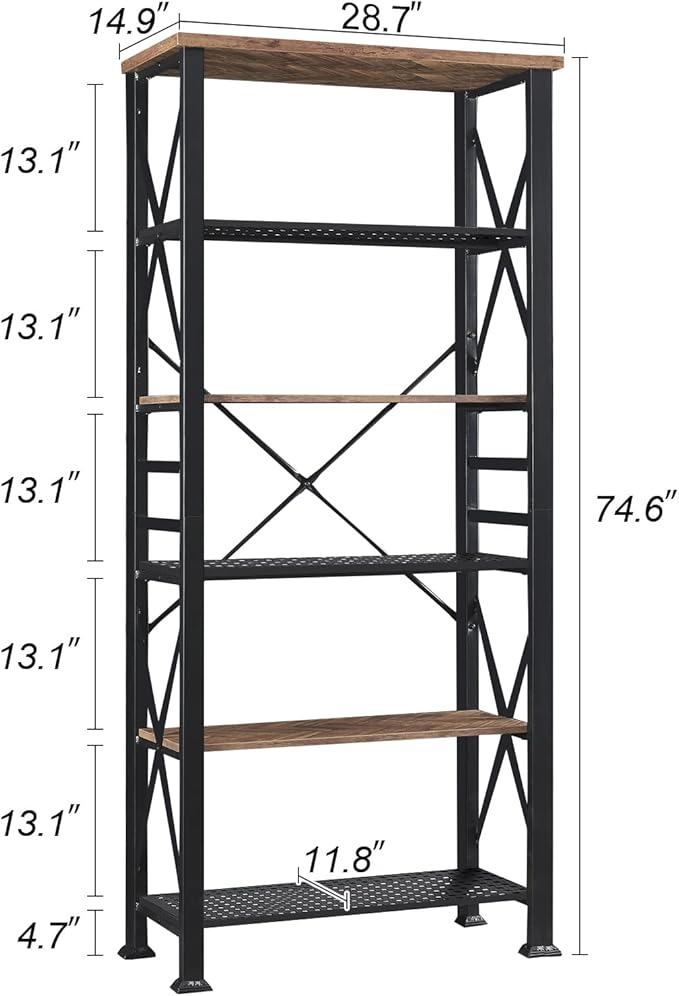 HOMBAZAAR Bookshelf, 6-Tier Industrial Bookshelf, Etagere Bookcases and Bookshelves, Tall Bookshelf Storage Organizer, Freestanding Bookshelf for Living Room, Bedroom and Home Office, Brown