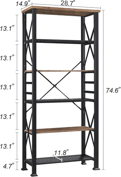 HOMBAZAAR Bookshelf, 6-Tier Industrial Bookshelf, Etagere Bookcases and Bookshelves, Tall Bookshelf Storage Organizer, Freestanding Bookshelf for Living Room, Bedroom and Home Office, Brown