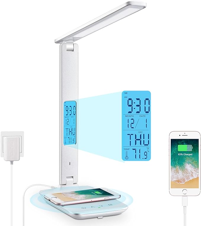 LAOPAO LED Desk Lamp with Wireless Charger, USB Charging Port, Adjustable Foldable Table Lamp with Clock, Alarm, Date, Temperature, 5-Level Dimmable Lighting, Office Lamp with Adapter, White