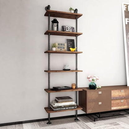 Industrial Pipe Bookshelves Rustic Wall Ladder Bookshelf Display Storage Stand Shelf Bookcase for Living Room, Kitchen, Office (6 Tier)