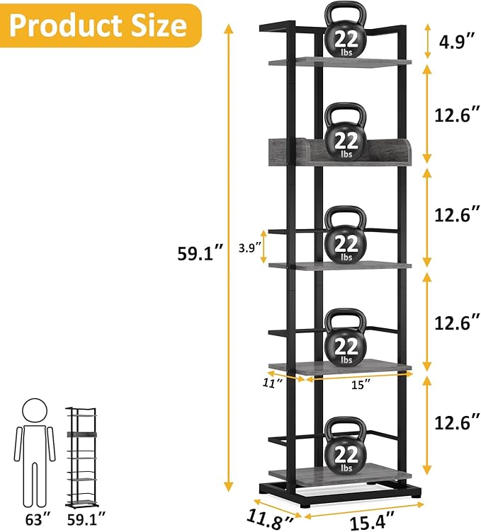 Bookshelf 5-Tier Book shelf - Narrow Wood Bookcase Tall Corner Book Shelves Storage Organizer Display Book Rack for Living Room Bedroom Office Home Grey