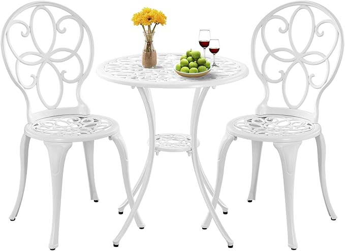 Patio Bistro Sets, Cast Aluminum Bistro Table and Chairs Set of 2 with Umbrella Hole, Bistro Set 3 Piece Outdoor, Metal Patio Furniture Set for Garden Porch, White