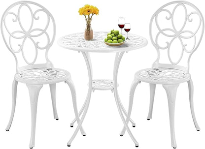 3 Piece Cast Aluminum White Bistro Set Outdoor Bistro Table and Chairs Set of 2,Metal Bistro Patio Table Set with Umbrella Hole,Patio furniture Set for Garden,Front Porch.