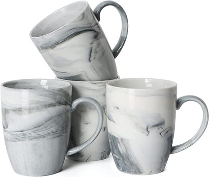 14 OZ Marble Coffee Mugs, M067 Novelty Marble Ceramic Cup for Home and Office, Microwave Dishwasher Safe, Set of 4, Gray