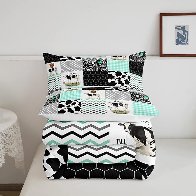 Cute Cow Print Comforter Set King Size Kawaii Highland Cow Bedding Set Bedroom Decor Honeycomb Plaid Pattern Geometric Stripes Down Comforter Cartoon Farm Animals Duvet Set, Green Black Grey