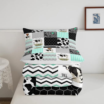 Cute Cow Print Comforter Set King Size Kawaii Highland Cow Bedding Set Bedroom Decor Honeycomb Plaid Pattern Geometric Stripes Down Comforter Cartoon Farm Animals Duvet Set, Green Black Grey