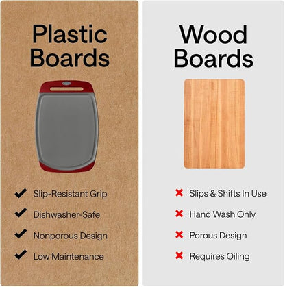 GORILLA GRIP BPA-Free Reversible Kitchen Cutting Board Set of 3, US Designed, Nonporous, Juice Grooves Catch Liquid, Slip Resistant Border, Dishwasher Safe, Durable Large Food Chopping Boards,Gray Red