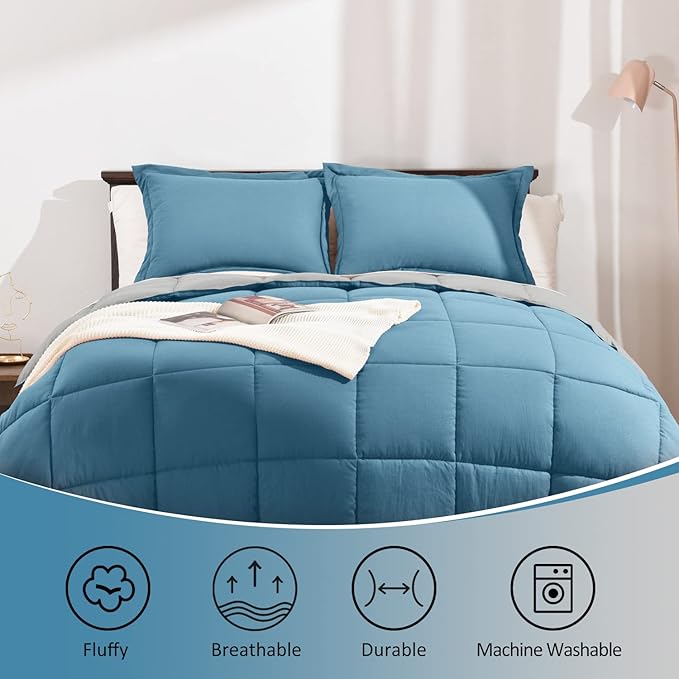Basic Beyond Queen Comforter Set - Fluffy Comforter Queen Set for All Seasons - Reversible Blue Comforter Set Queen for Mens - 3 Pieces (1 Comforter + 2 Pillow Shams) - Blue/Grey
