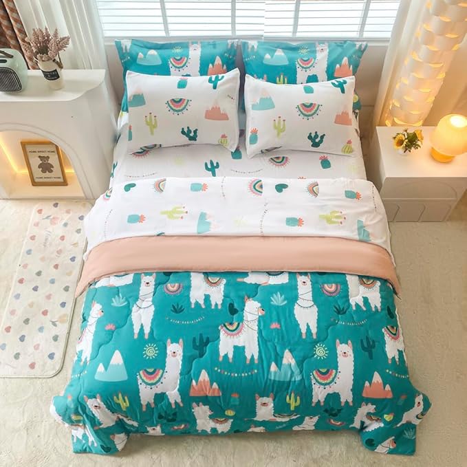 Wajade Kids Cute Llama Comforter Set Bed in A Bag Full Size 7 Piece Green Alpaca Tropical Plant Bedding Set for Girls Boys (1 Comforter, 1 Flat Sheet, 1 Fitted Sheet, 2 Pillowcase and 2 Pillow Sham)