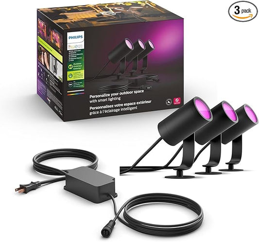 Philips Hue Lily Outdoor Smart Spot Light Base Kit - White and Color Ambiance LED Walkway Lights - Low Voltage Landscape Lighting - Requires Bridge - Control with App and Voice - Weatherproof - 3 Pack
