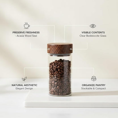 Glass Storage Jar with Acacia Wood Lid, Borosilicate Food Canister for Coffee Beans Tea Sugar Dry Pantry Staples (1 PC)